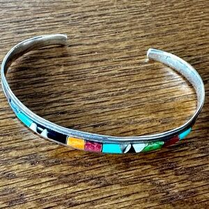 Vintage ZUNI Turquoise Multi stone Inlay Sterling Silver Bracelet 9.56 Grams